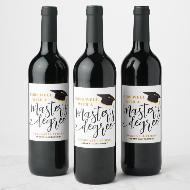 Modern Grad Cap Tassel Elegant Master's Degree  Wine Label (Bottles)