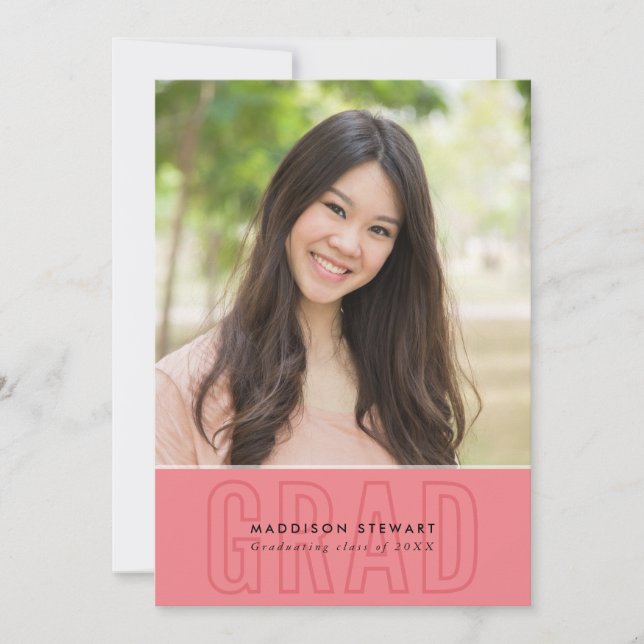 MODERN GRAD chic photo outline overlay coral pink Invitation (Front)