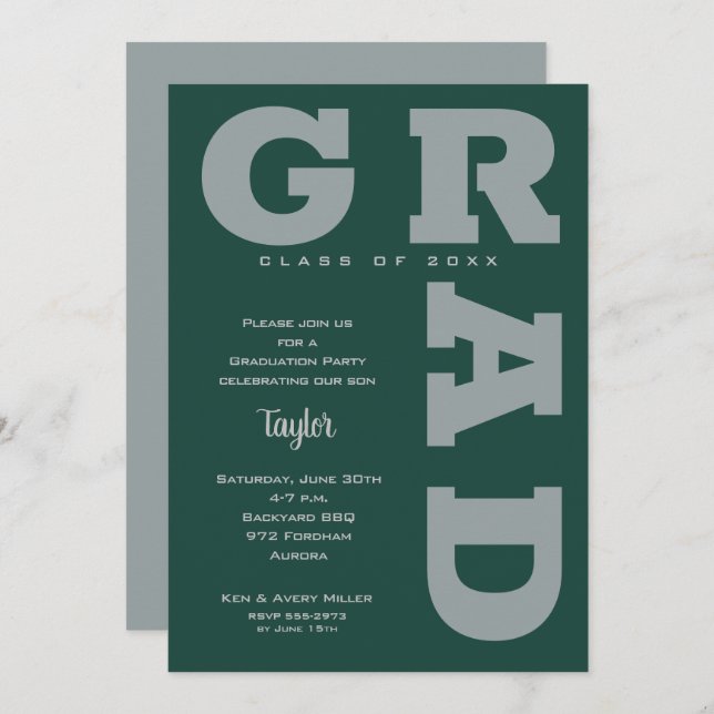 Modern GRAD Dark Green Grey Graduation Invitation (Front/Back)