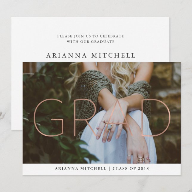 Modern Grad Faux Rose Gold Photo Graduation Party Invitation (Front/Back)