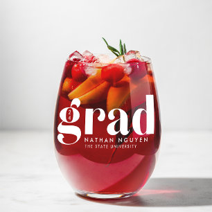 Modern Grad Graduation Year & Name Stemless Wine Glass