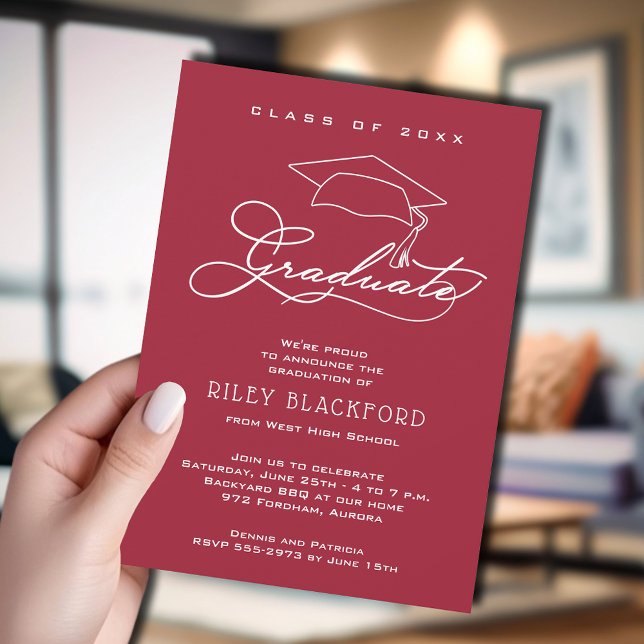 Modern Grad Hat Crimson Red Graduation Announcement (Crimson red graduation announcement cards feature your details in chic white lettering.)
