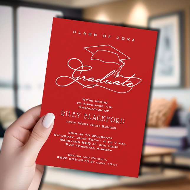 Modern Grad Hat Scarlet Graduation Announcement (Scarlet red graduation announcement cards feature your details in chic white lettering.)