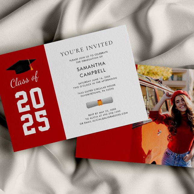 Modern Grad Photo Graduation 2026 Invitation (Graduation 2025 Red and White Party Invitation)