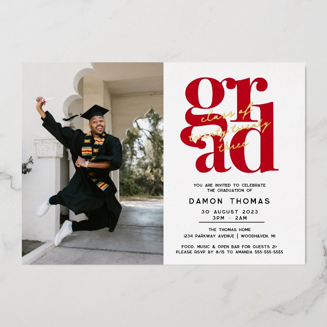 Modern GRAD Photo Graduation Party Foil Invitation (Front)