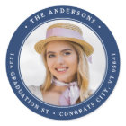 Modern Grad Photo Navy Blue Round Return Address