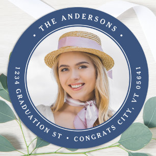 Modern Grad Photo Navy Blue Round Return Address Classic Round Sticker