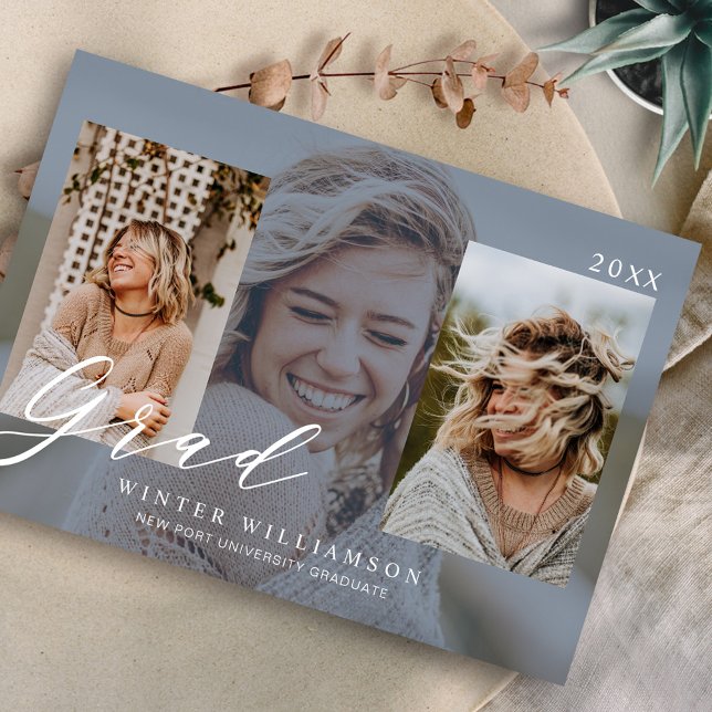 Modern Grad Script Blue Overlay Grad Three Photo I Invitation (Creator Uploaded)