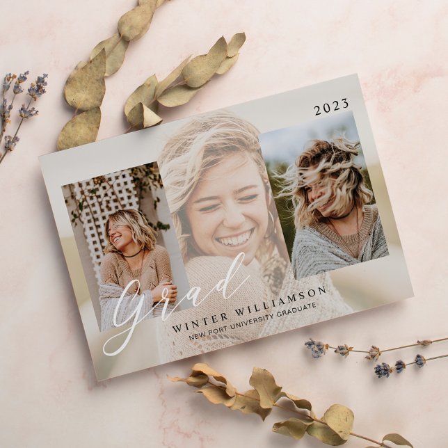 Modern Grad Script Cream Overlay Grad Three Photo Invitation (Creator Uploaded)