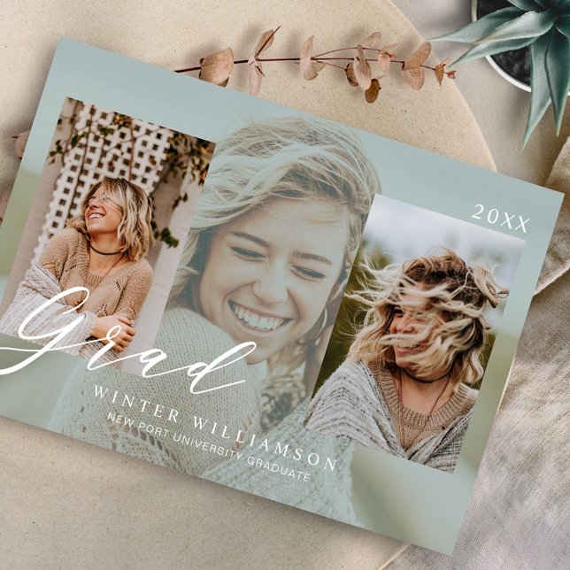 Modern Grad Script Green Overlay Grad Three Photo Invitation (Creator Uploaded)