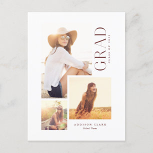 Modern Grad Type 3 Photo Collage Maroon Announcement Postcard