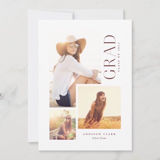 Modern Grad Type 3 Photo Collage Red Announcement (Front)