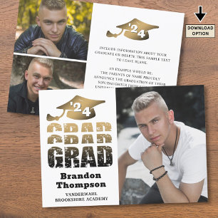 Modern Grad Year Black Gold Gradient 3 Photos Announcement