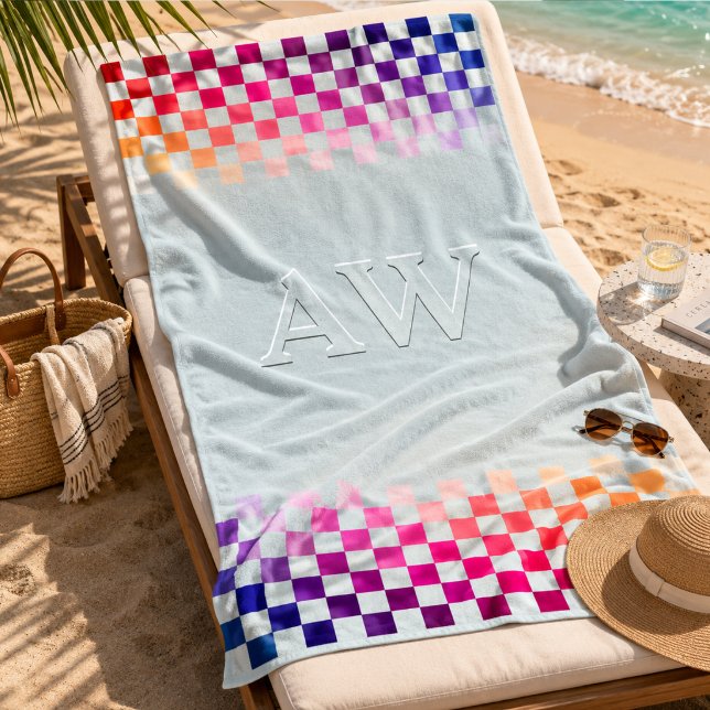 Modern Gradient Chequerboard Border Monogram Beach Towel (In situ AI generated picture)