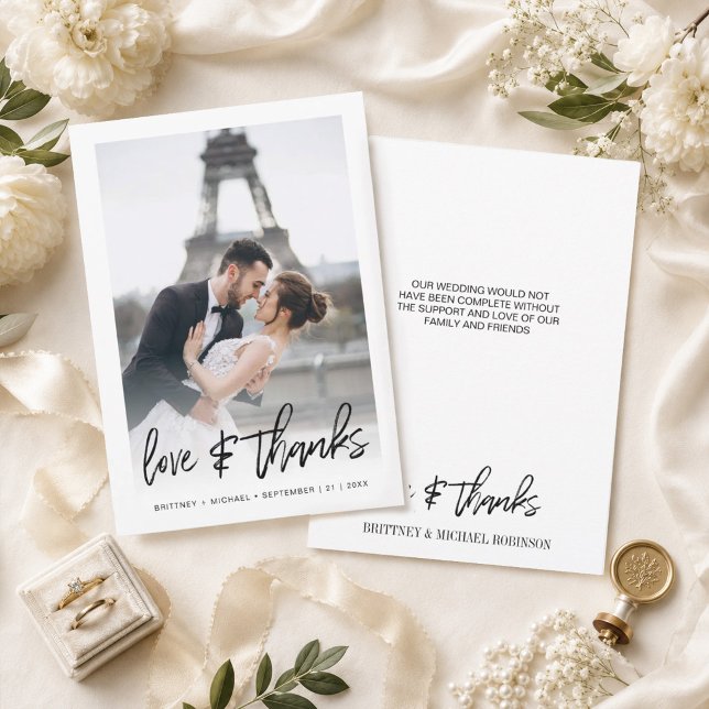 Modern Gradient Hand Lettered Photo Wedding Thank You Card (Thank your guests with this modern photo thank you card with hand-lettered "love & thanks".)