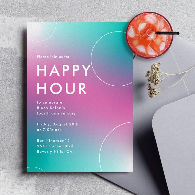 Modern Gradient Happy Hour (Aqua) Invitation (modern corporate happy hour party invitation in aqua and pink)