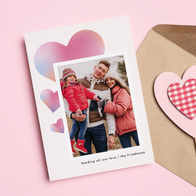 Modern Gradient Hearts Valentine's Day Photo Holiday Card (modern, trendy and stylish Valentine's Day photo card with gradient hearts)