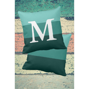 Modern Gradient Teal Stripes Big Letter Monogram Cushion