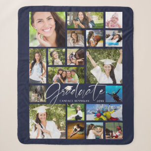 Modern GRADUATE 19 Photo Collage Script Navy Blue Sherpa Blanket
