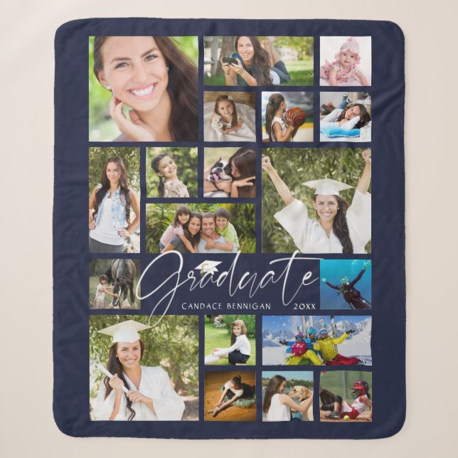 Modern GRADUATE 19 Photo Collage Script Navy Blue Sherpa Blanket (Front)