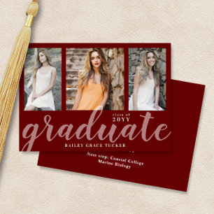 Modern Graduate 3-Photo Collage Red Graduation Announcement