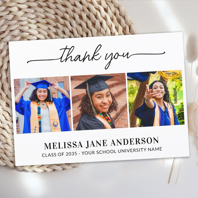 Modern Graduate 3 Photo Personalised Graduation Thank You Card (Creator Uploaded)