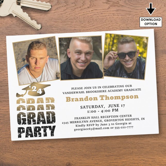 Modern Graduate 3 Photos Black Gold Gradient Invitation (Creator Uploaded)