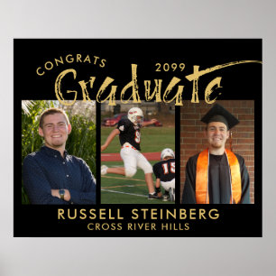 Modern Graduate 3 Photos Gold Brush Typography Poster