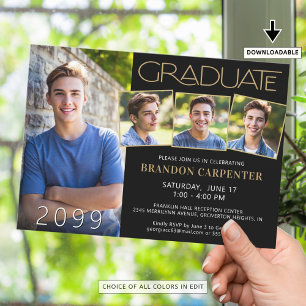 Modern Graduate 4 Photo Black Gold  Invitation