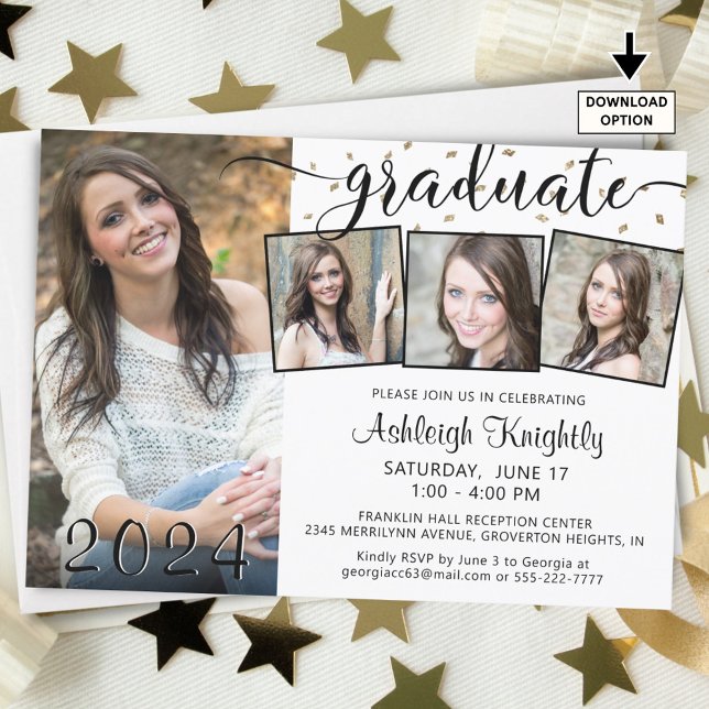 Modern Graduate 4 Photo Collage Confetti Party Invitation (Creator Uploaded)