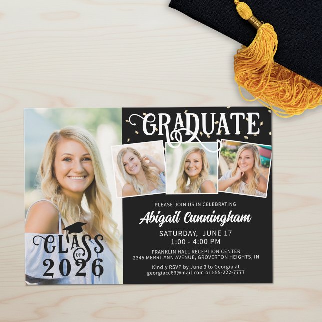 Modern Graduate 4 Photo Collage Custom Colours Invitation (Creator Uploaded)