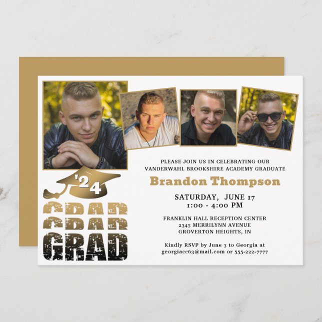Modern Graduate 4 Photos Black Gold Gradient Invitation (Front/Back)