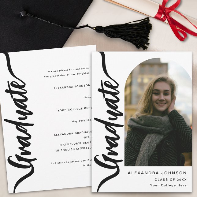 Modern Graduate Arch Photo Gold Script Announcement (Modern stylish script arch photo Graduation announcement card trendy chic simple)