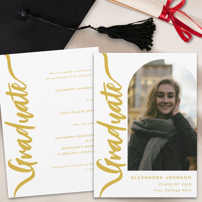 Modern Graduate Arch Photo Gold Script Announcement (Modern stylish gold script arch photo Graduation announcement card simple chic minimalist )