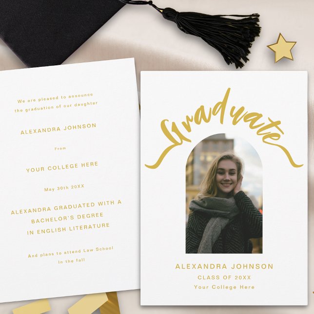 Modern Graduate Arch Photo Graduation Announcement (Modern photo arch gold calligraphy script Graduation announcement card )