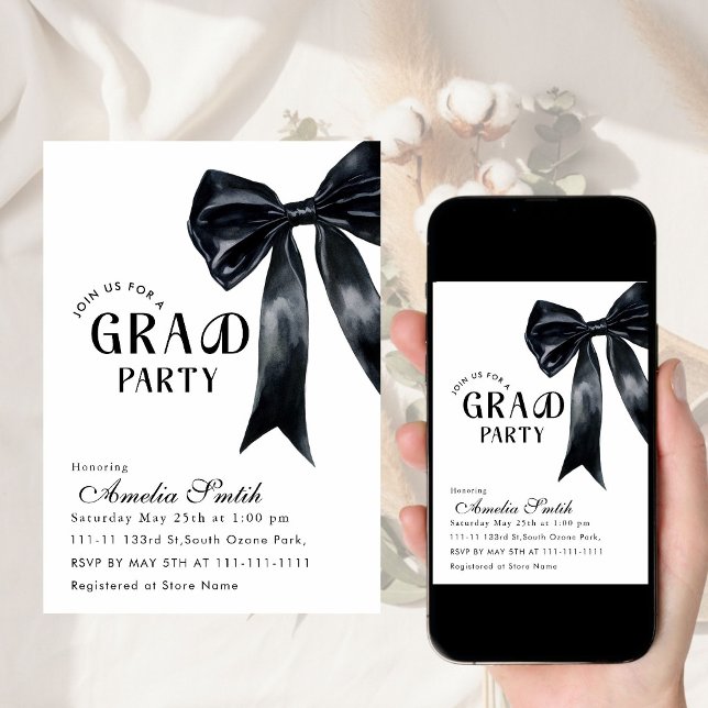 Modern Graduate Black Bow minimal Graduation party Invitation (Creator Uploaded)