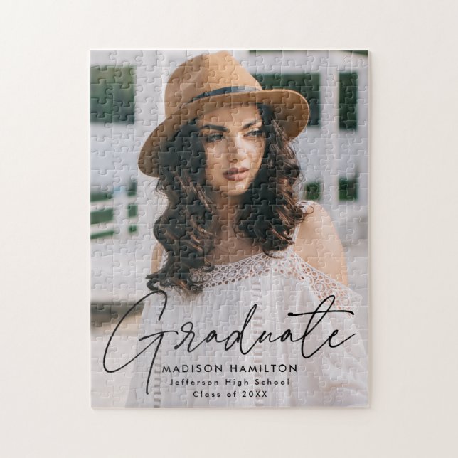 Modern Graduate Black Script Photo Graduation Jigsaw Puzzle (Vertical)