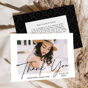 Modern Graduate Black Script Photo Graduation Thank You Card