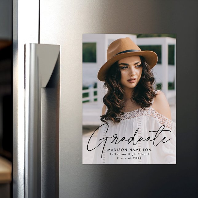 Modern Graduate Black Script Photo Magnetic Invitation (Creator Uploaded)
