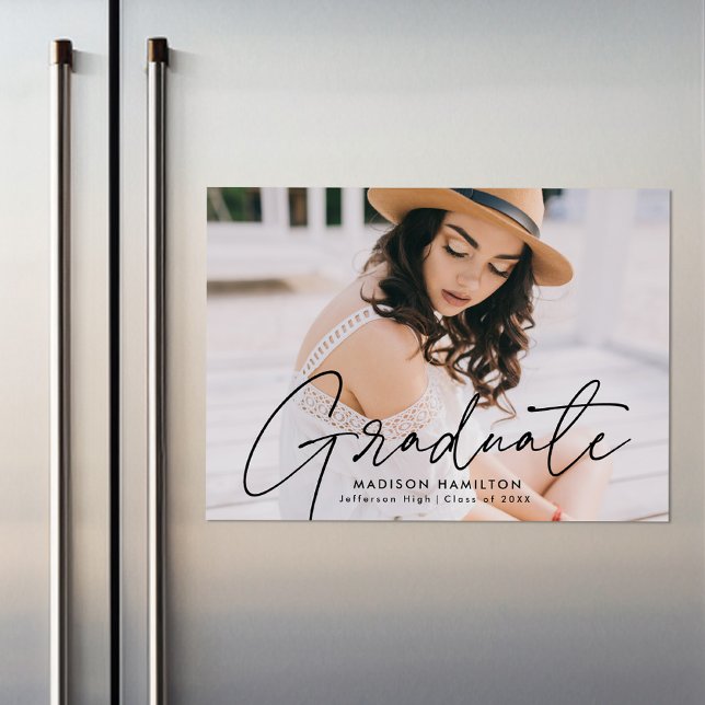 Modern Graduate Black Script Photo Magnetic Invitation (Creator Uploaded)