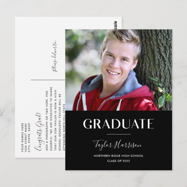 Modern Graduate Black & White Graduation Party Postcard (Front/Back)
