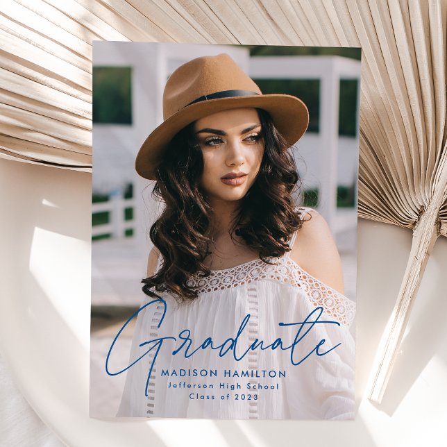 Modern Graduate Blue Script Photo Graduation Announcement (Creator Uploaded)