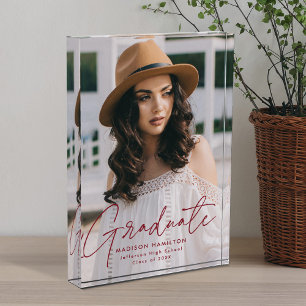 Modern Graduate Burgundy Script Graduation Photo Block