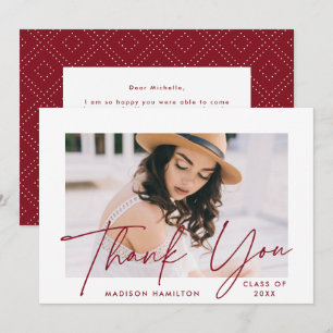 Modern Graduate Burgundy Script Photo Graduation Thank You Card