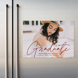 Modern Graduate Burgundy Script Photo Magnetic Invitation