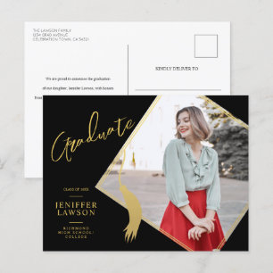 Modern Graduate Cap Gold & Black Photo Graduation Announcement Postcard