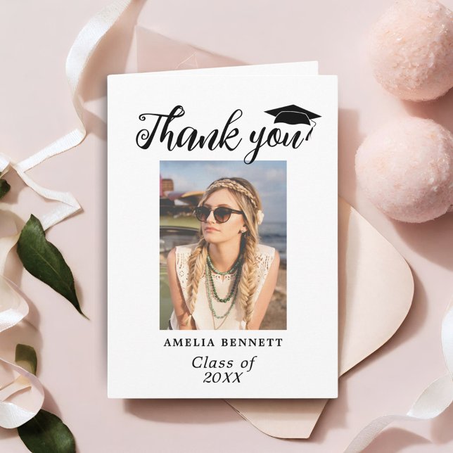 Modern Graduate Cap Graduation Photo Thank you Card (Creator Uploaded)