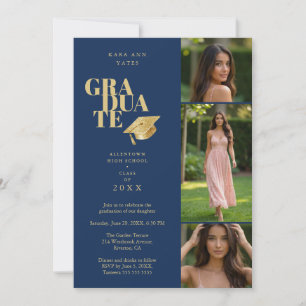 Modern Graduate Collage 3-Photos Navy Blue & Gold Invitation