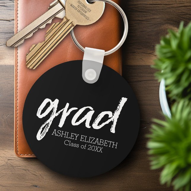 Modern Graduate Custom Trendy Black Grad Key Ring (Personalized Keychain - Graduation Party Favor)