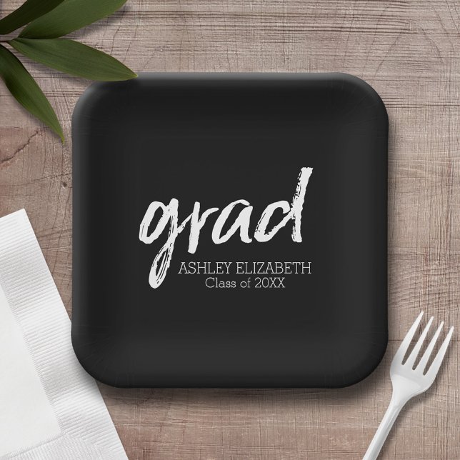 Modern Graduate Custom Trendy Black Grad Paper Plate (Personalized party plates with graduation theme)